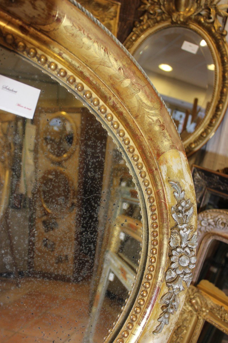 Miroir Ancien Ovale Restauration, Feuille d'Or Et Patine 75 X 90-photo-6