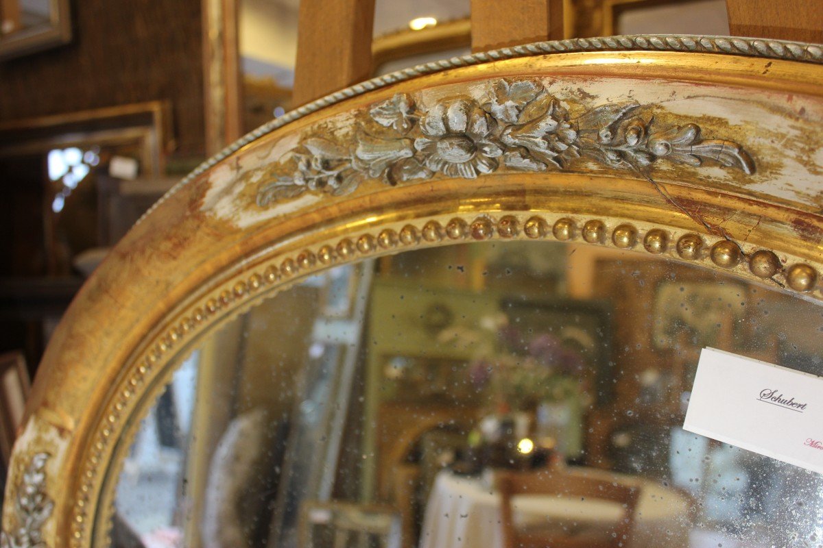 Miroir Ancien Ovale Restauration, Feuille d'Or Et Patine 75 X 90-photo-8
