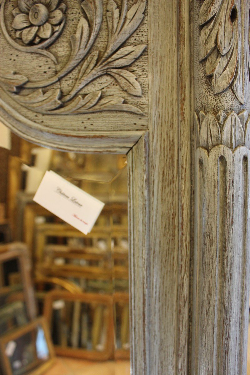 Grand Miroir Ancien de mariage Normand, Bois Sculpté Patiné 113 X 164 Cm-photo-4