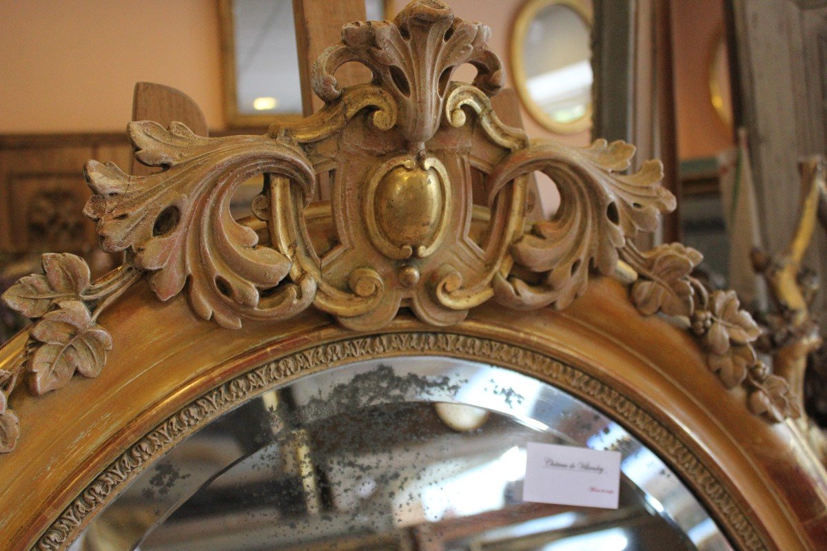 Miroir Ovale Restauration, Feuille d'Or, Patine, Glace Mercure Biseautée  80 X 103 Cm-photo-2
