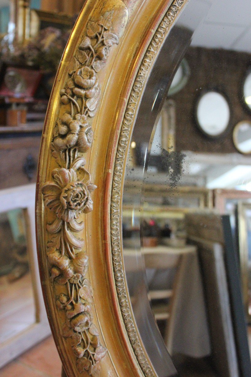 Miroir Ovale Restauration, Feuille d'Or, Patine, Glace Mercure Biseautée  80 X 103 Cm-photo-4