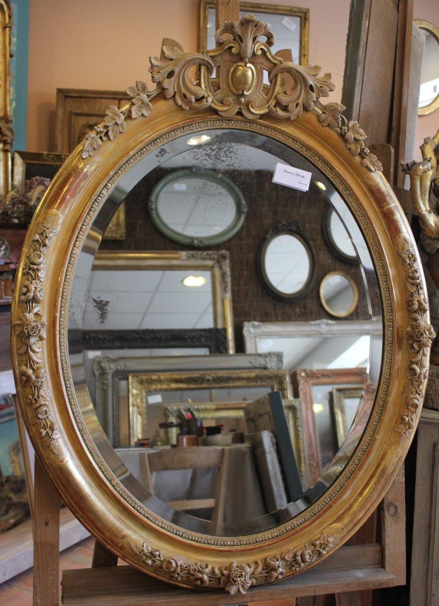 Miroir Ovale Restauration, Feuille d'Or, Patine, Glace Mercure Biseautée  80 X 103 Cm-photo-1
