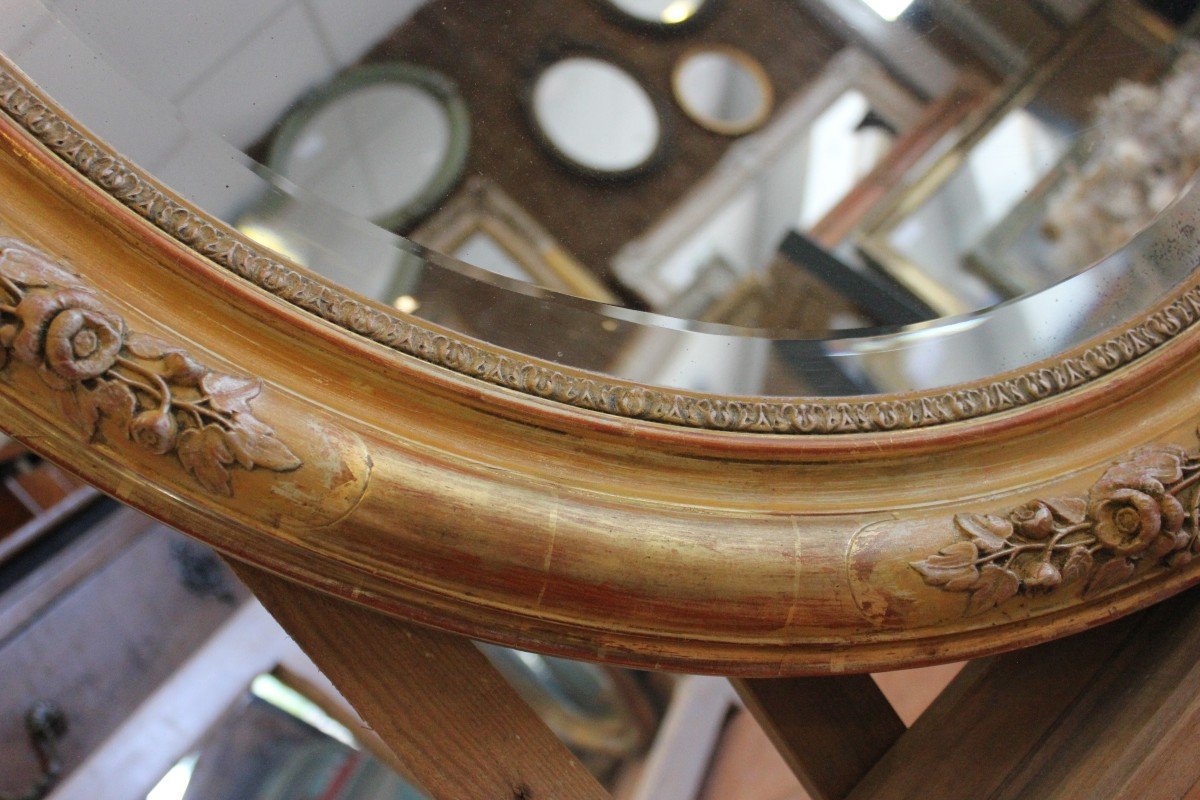 Miroir Ovale Restauration, Feuille d'Or, Patine, Glace Mercure Biseautée  80 X 103 Cm-photo-2