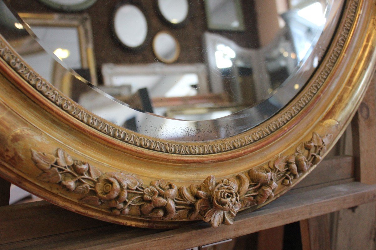 Miroir Ovale Restauration, Feuille d'Or, Patine, Glace Mercure Biseautée  80 X 103 Cm-photo-3