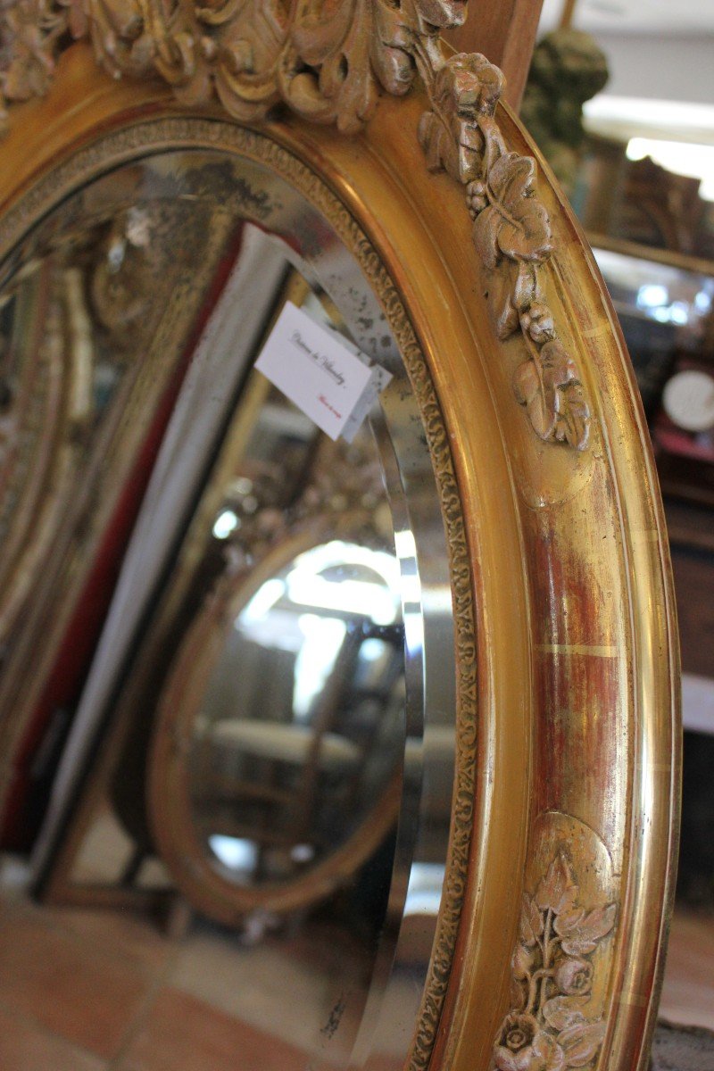 Miroir Ovale Restauration, Feuille d'Or, Patine, Glace Mercure Biseautée  80 X 103 Cm-photo-5