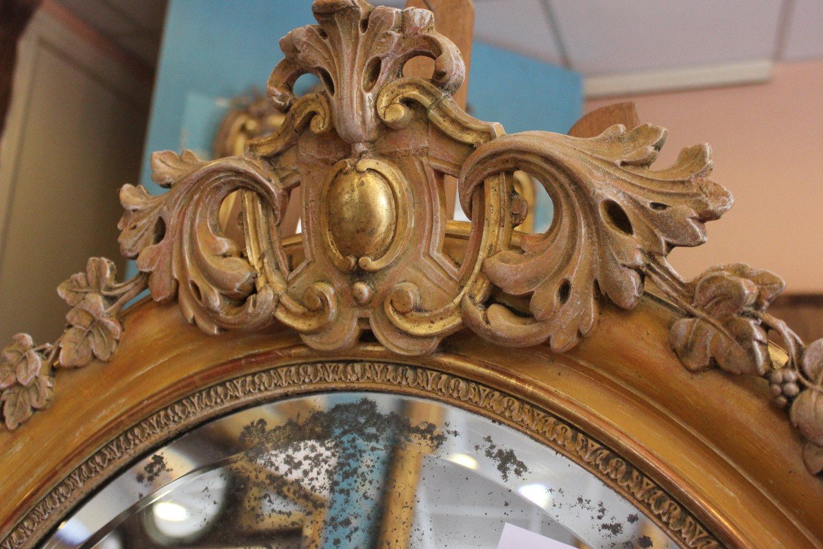Miroir Ovale Restauration, Feuille d'Or, Patine, Glace Mercure Biseautée  80 X 103 Cm-photo-6