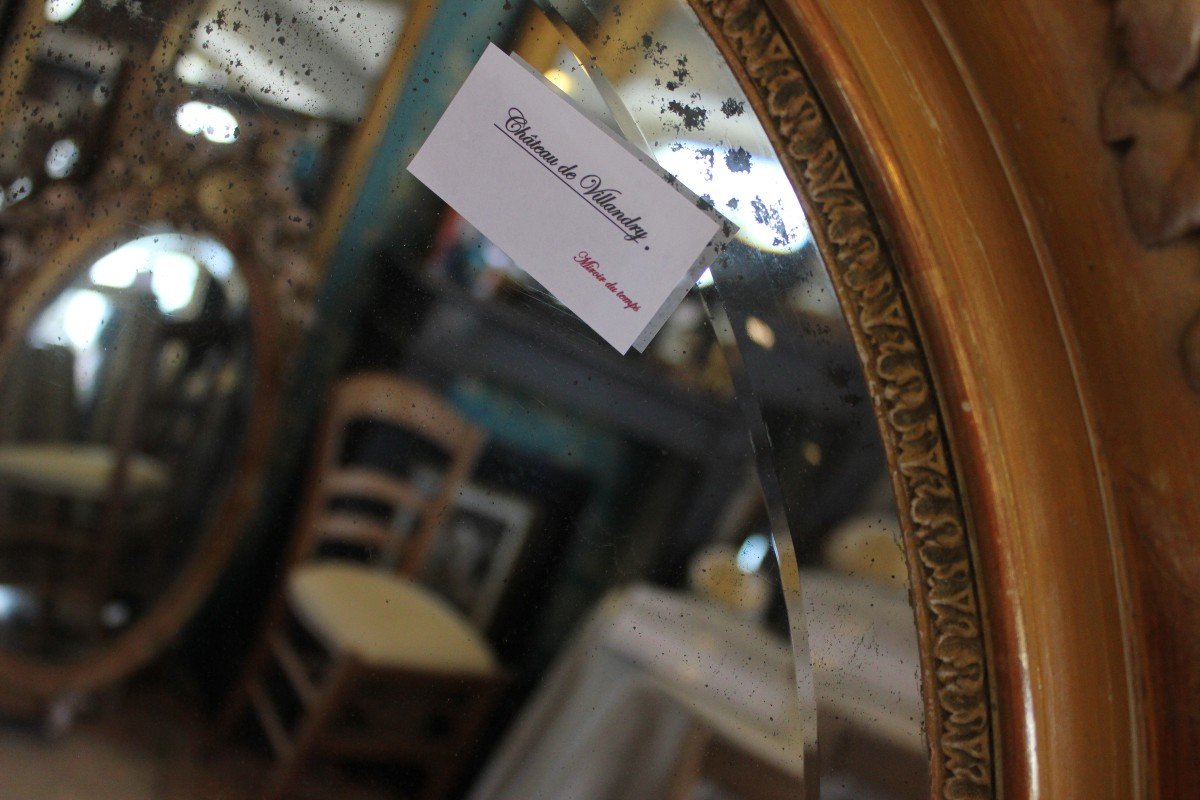 Miroir Ovale Restauration, Feuille d'Or, Patine, Glace Mercure Biseautée  80 X 103 Cm-photo-7