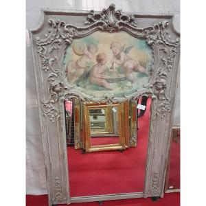 Trumeau Louis XV Regency, Oak Carved With Winged Angels And Canvas With Cherubs 118 X 178 Cm