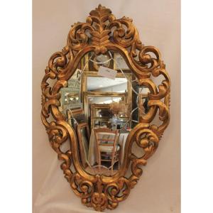 Italian Mirror Carved, Openwork, Contoured And Gilded Wood 52 X 82 Cm