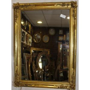 Grand Miroir Ancien Rectangle Feuille d'Or, Décor De Roses, Glace Mercure 85 X 116 Cm