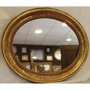 Miroir Ovale Louis Philippe perlé, Feuille d'Or d'Origine Patinée 55 X 65 Cm