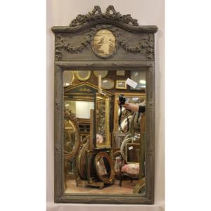miroir ancien, Trumeau Style Louis XVI, Patine Ton Gris 68 X 125 Cm