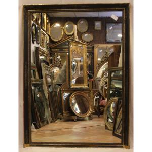 Grand Miroir Ancien De Cheminée, Moulure  Empire, Patine Noir Et Or,  113 X 153 Cm