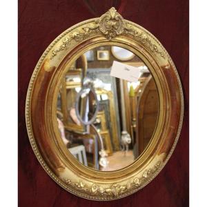 Miroir Ovale Restauration, Petite Coquille, Feuille d'Or Et Patine 39 X45 Cm