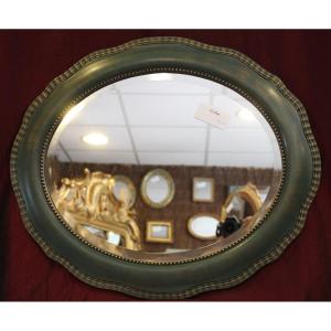 Miroir Ancien Ovale perlé, Patine Ton Vert, Glace Biseautée, 55 X 64 Cm