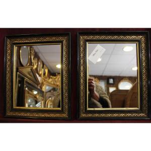Paire De Miroirs Rectangle Napoléon III, Noir Et Or 28 X 34 Cm