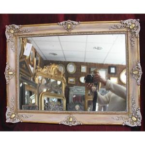 Miroir Ancien, Restauration Rectangle, Patine Ton Rose Et Or, glace mercure 56 X 73 Cm