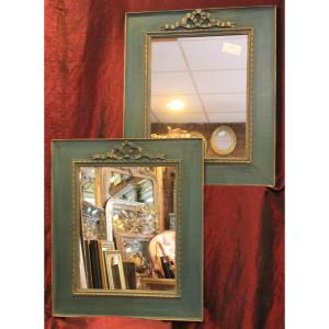 Pair Of Old Louis XVI Style Mirrors, Green Tone Patinated Wood 60 X 70 Cm
