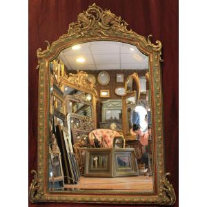 112 X 155 Cm, Miroir Ancien De Cheminée Style Louis XV, Feuille d'Or Et Patine, Glace Biseautée