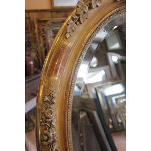 Miroir Ovale Restauration, Feuille d'Or, Patine, Glace Mercure Biseautée  80 X 103 Cm