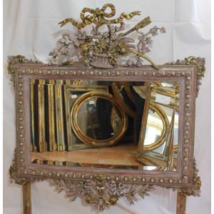 Miroir Ancien à Fronton De Style Louis XVI, Marie-antoinette, Patine et dorure 102 X105 Cm