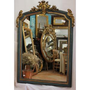 Grand Miroir Ancien Aux Chérubins Et Fronton, Feuille d'Or Et Patine 113 X 160 Cm