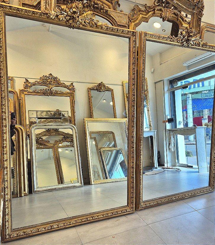 Rare paire de grands miroirs dorés glaces décor flambeaux 140*225 cm-photo-2