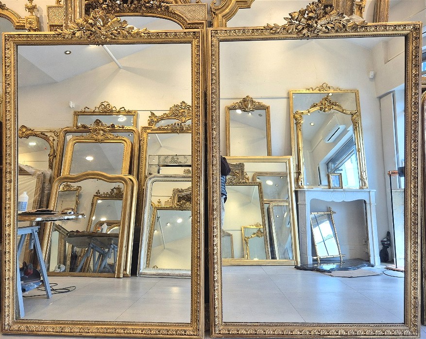 Rare paire de grands miroirs dorés glaces décor flambeaux 140*225 cm