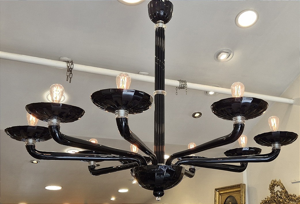 lustre verre noir Murano Barovier et Toso 9 lumières