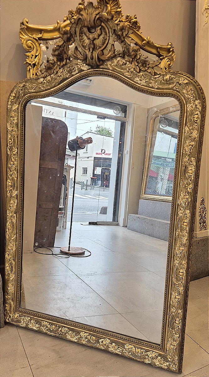 Miroir doré Napoleon III  glace ancienne sculptée 90*142 cm-photo-4