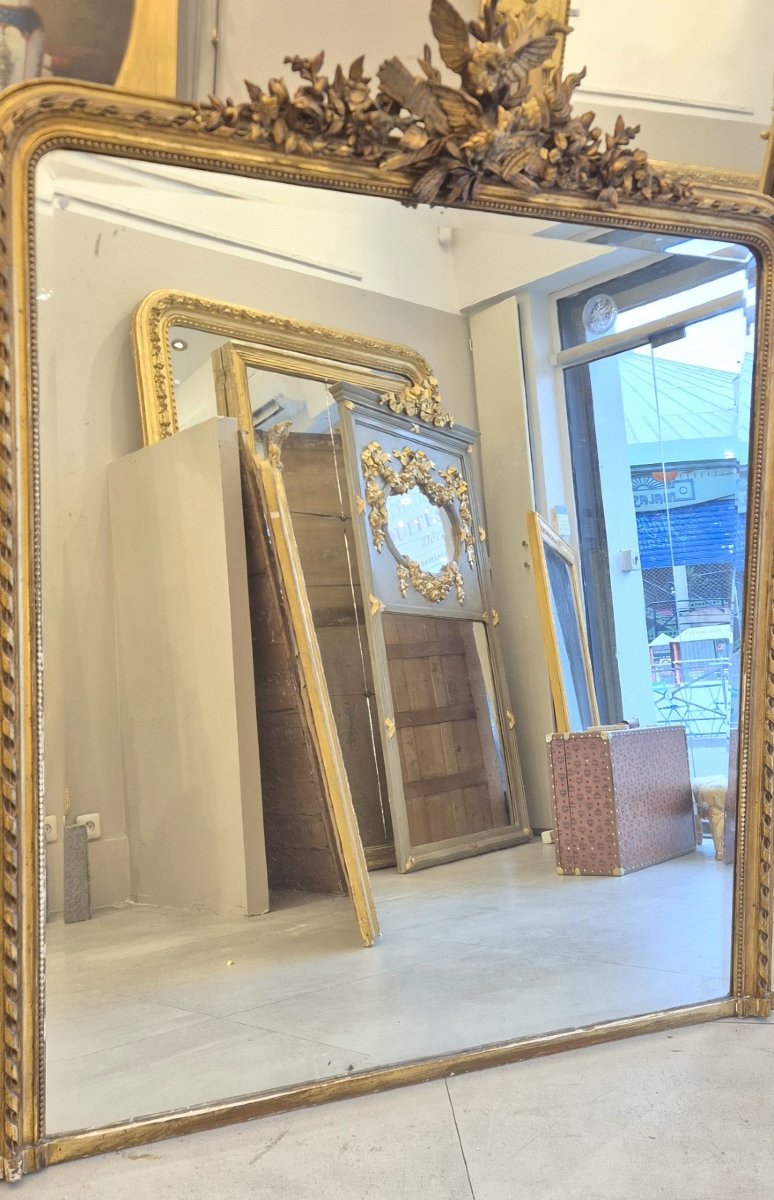 Large miroir Napoléon III doré décor oiseaux  132*157cm-photo-3