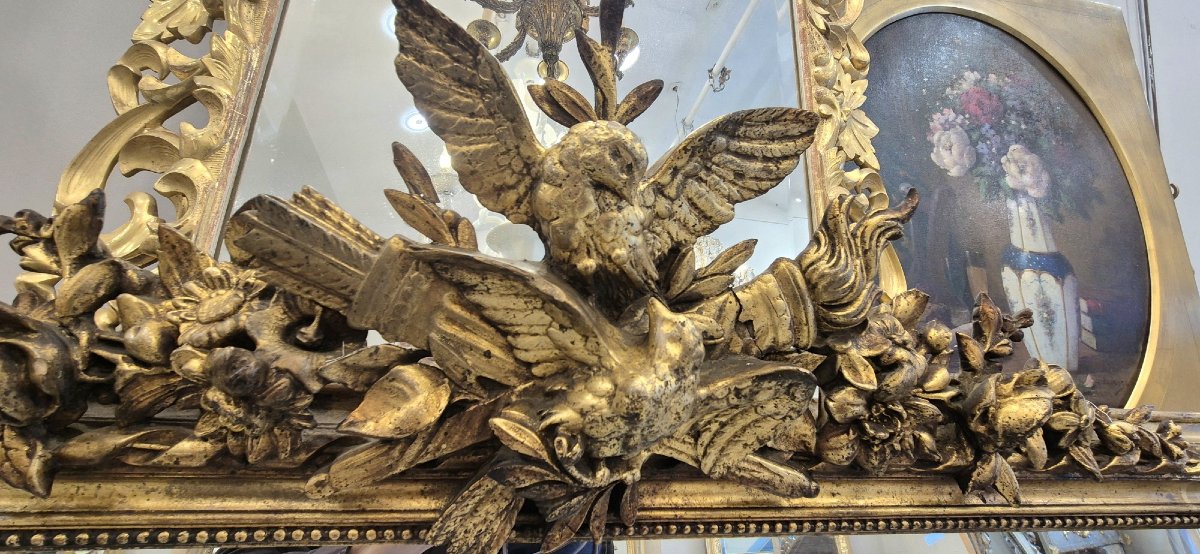 Large miroir Napoléon III doré décor oiseaux  132*157cm-photo-2