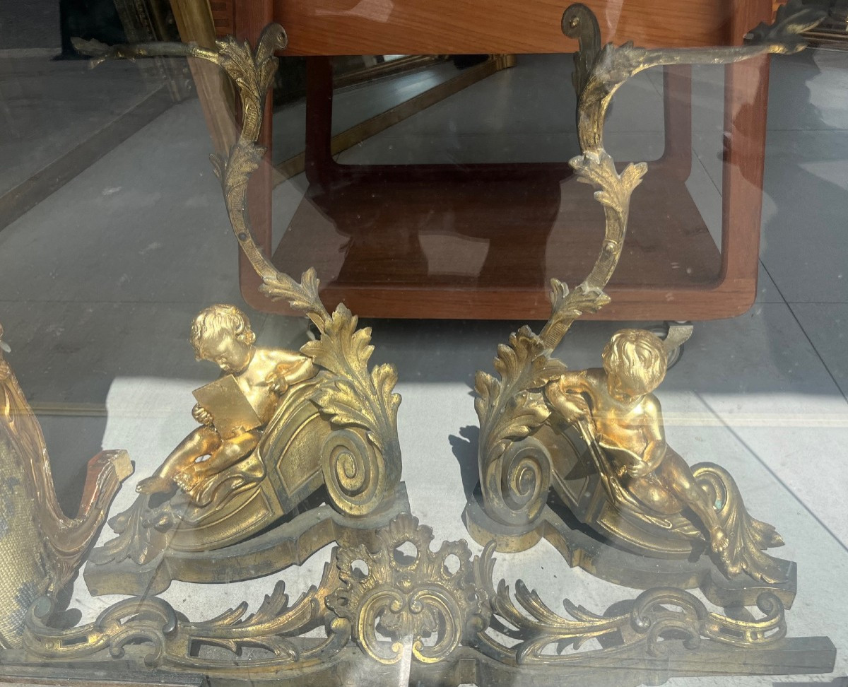 Paire de chenets en bronze a Putti de style Louis XV - XIXeme