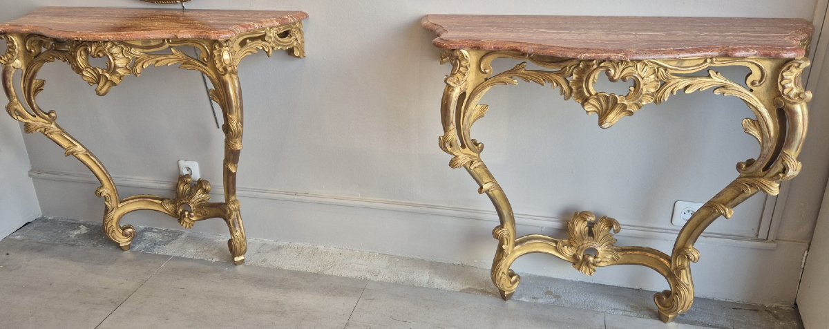 Pair de consoles dorées Louis XV  102cm-photo-5