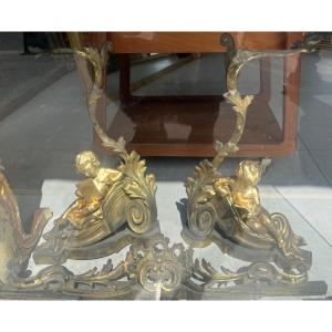 Paire de chenets en bronze a Putti de style Louis XV - XIXeme