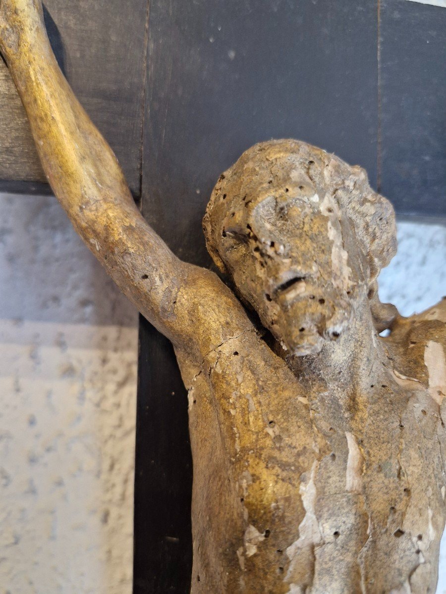 Jésus En Croix, Sculpture 18ème En Bois Doré-photo-2