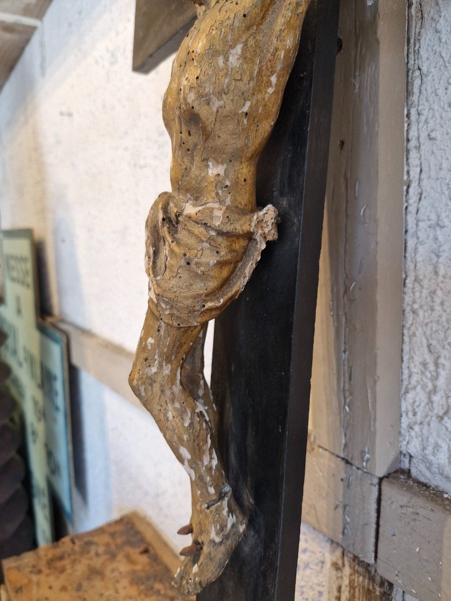 Jésus En Croix, Sculpture 18ème En Bois Doré-photo-1