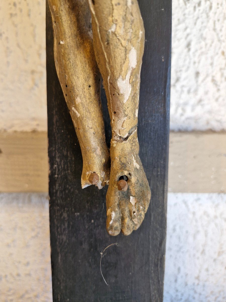 Jésus En Croix, Sculpture 18ème En Bois Doré-photo-4