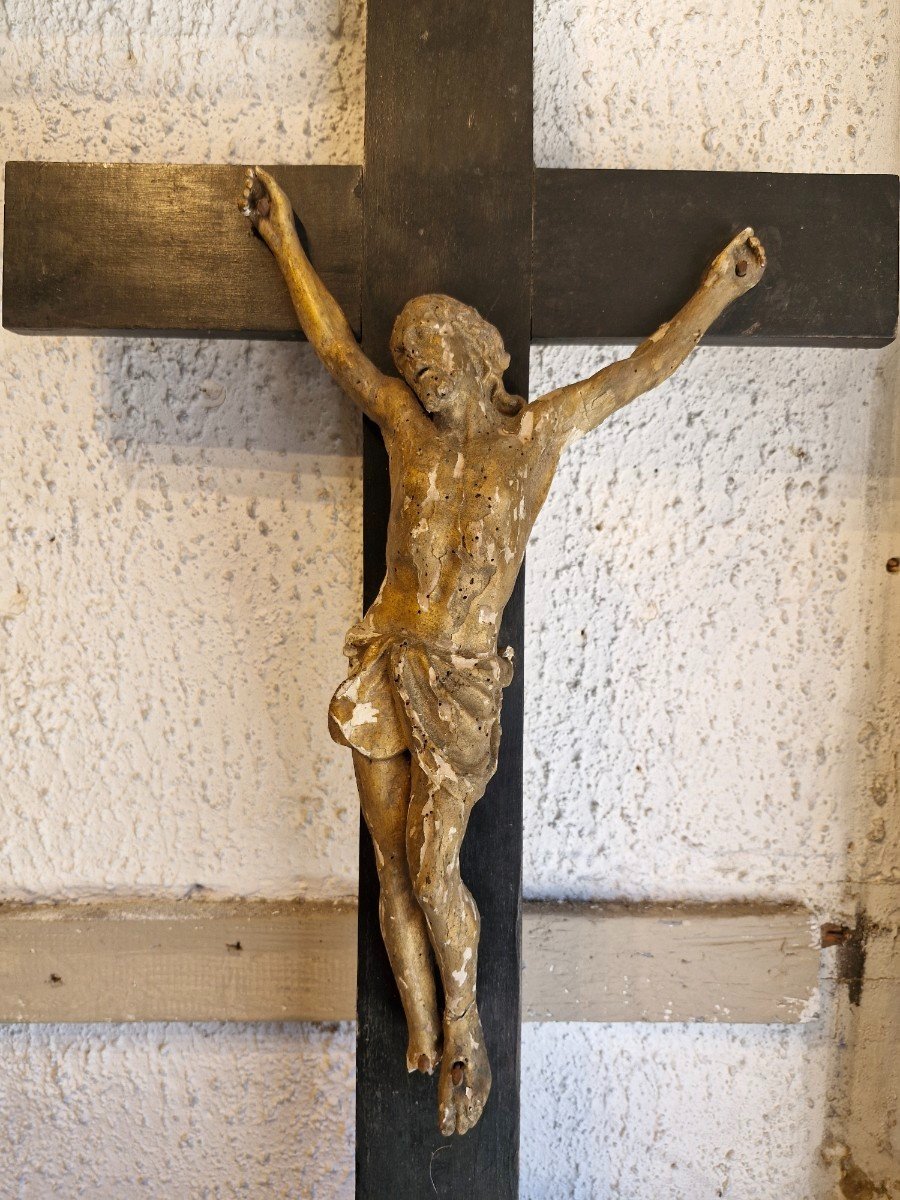 Jésus En Croix, Sculpture 18ème En Bois Doré