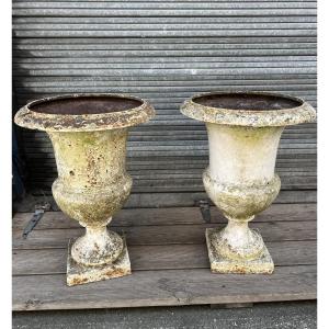 Pair Of 19th Century Cast Iron Medici Vases