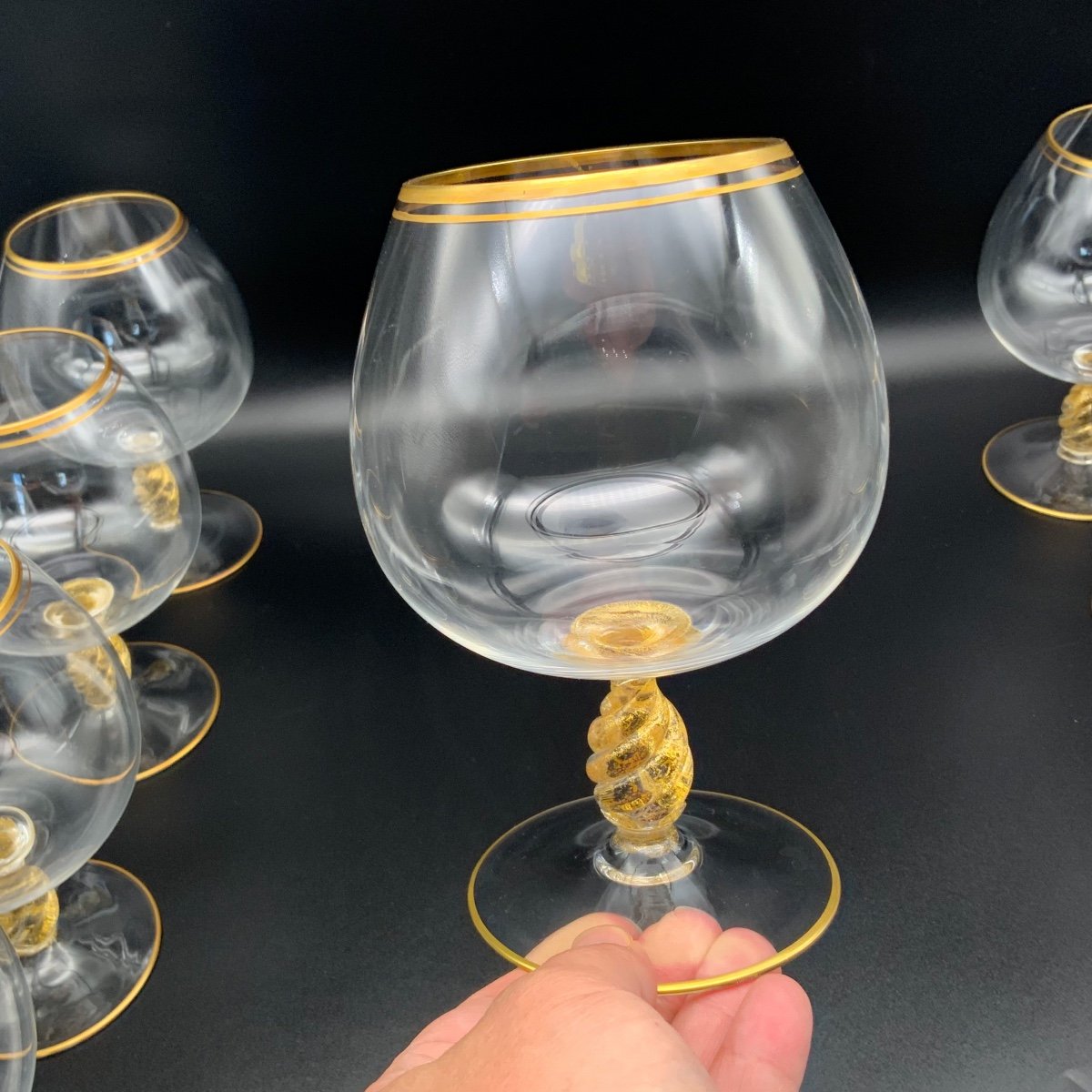 Murano 8 Large Tasting Glasses In Blown Glass With Gold Inclusions-photo-4