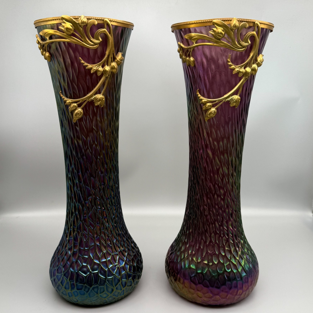 Pair Of Art Nouveau Iridescent Glass Vases 1900