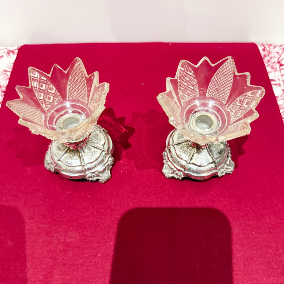 Pair Of Crystal And Sterling Silver Salt Cellars, 19th Century-photo-2