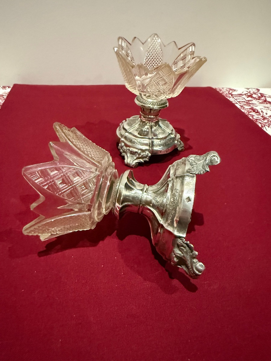 Pair Of Crystal And Sterling Silver Salt Cellars, 19th Century-photo-4