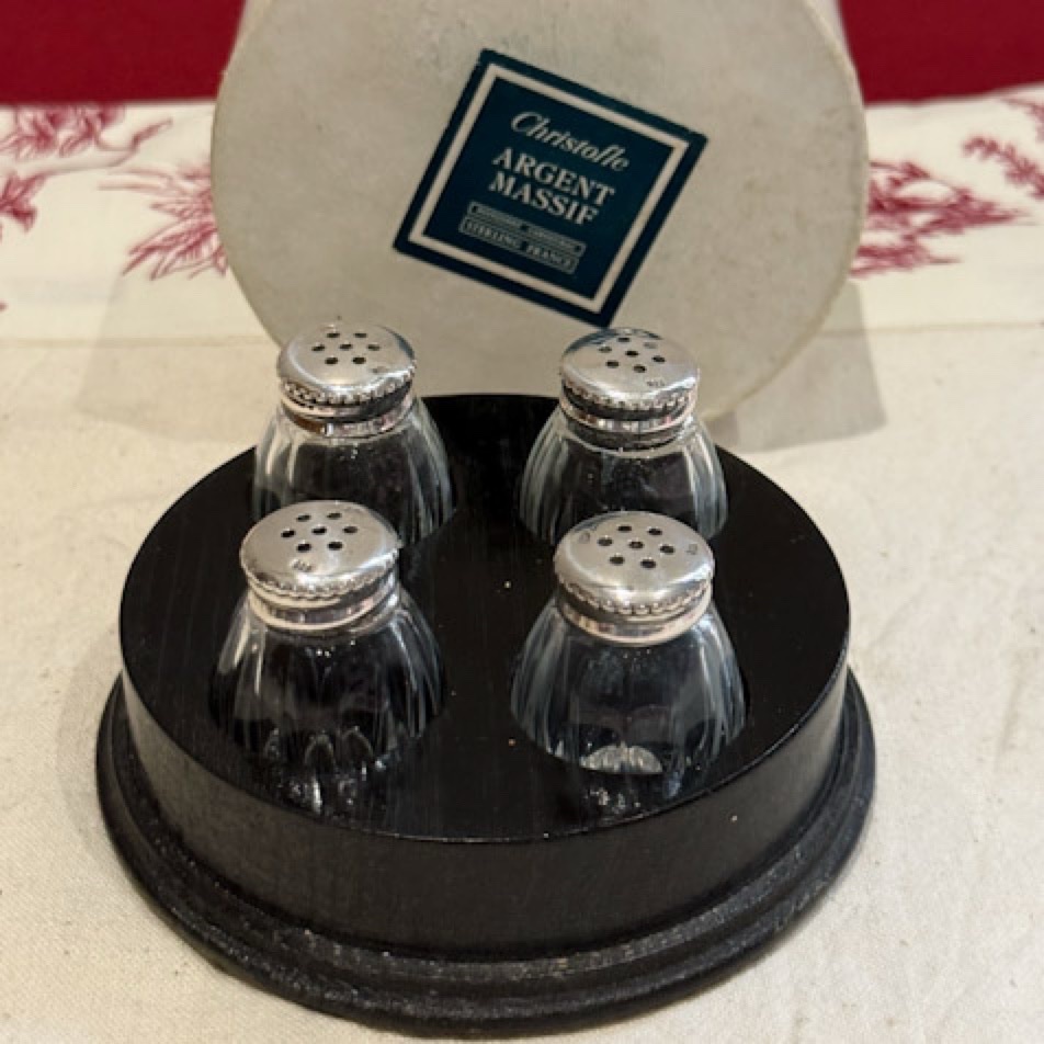 Christofle Set Of 4 Crystal And Silver Salt Shakers With A Wooden Stand 