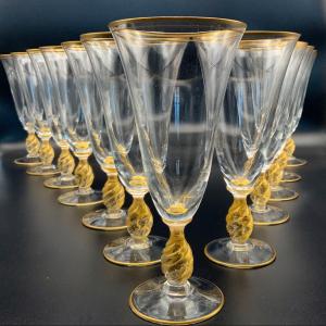 Murano 12 Large Glasses, Blown Glass With Gold Inclusions