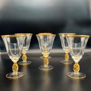 Murano 6 Wine Glasses, Blown Glass With Gold Inclusions