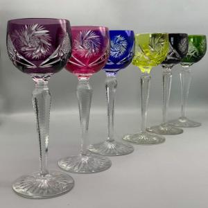 6 Polychrome Crystal Rhine Wine Glasses 