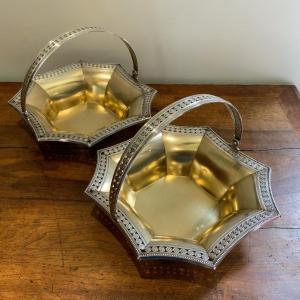Pair Of Octagonal Silver And Gold Metal Baskets
