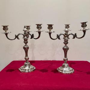 Paire de chandeliers XIXeme en bronze argenté 